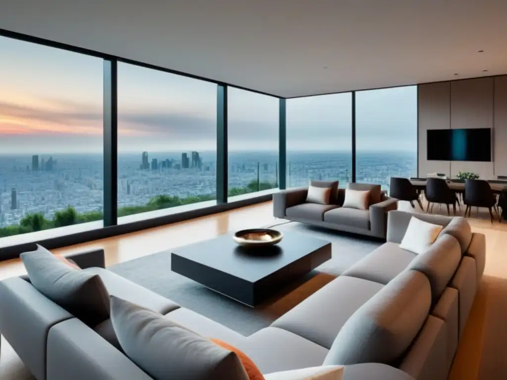 Salón inteligente y moderno con vistas panorámicas en casa futurista Un elegante salón moderno en una casa inteligente, con diseño minimalista, muebles futuristas y tecnologías inteligentes integradas