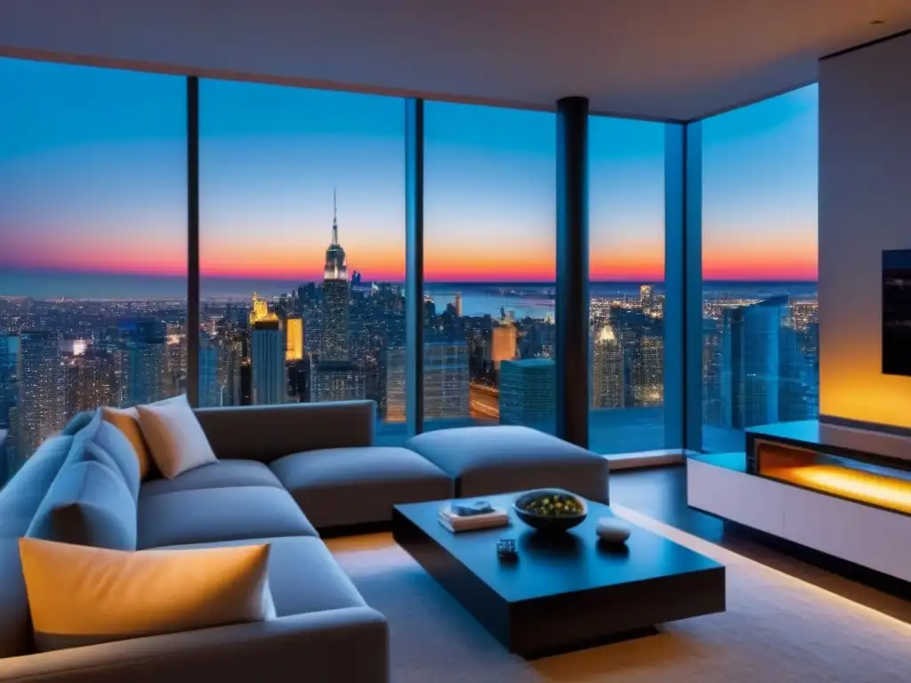 Salón de lujo con vista panorámica en penthouse de diseño Un elegante salón moderno en un lujoso ático con ventanales de piso a techo que muestran una impresionante vista urbana al atardecer