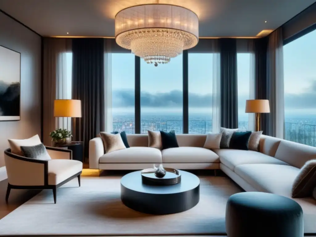Sala de estar moderna y lujosa: diseño elegante y acogedor Un elegante salón moderno con muebles refinados, líneas limpias y paleta de colores neutros, iluminado por luz natural
