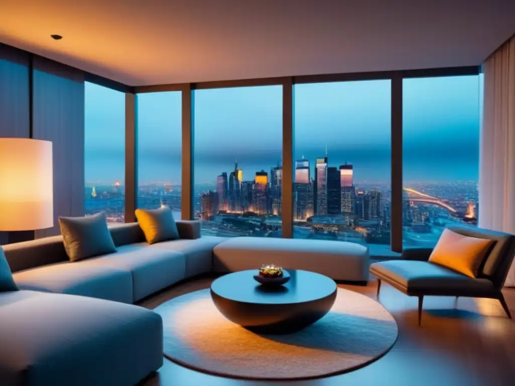 Salón de lujo con vista nocturna de la ciudad Un elegante salón moderno con muebles sofisticados y una impresionante vista nocturna de la ciudad a través de grandes ventanas