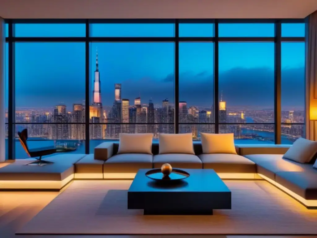 Sofisticado salón de lujo con vista nocturna a la ciudad Un elegante salón moderno en una propiedad de lujo, con muebles sofisticados y vistas impresionantes de la ciudad de noche