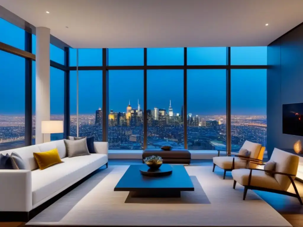 Salón penthouse moderno de lujo con vista panorámica nocturna de la ciudad Un elegante salón de penthouse moderno con ventanales de piso a techo y una deslumbrante vista panorámica de un horizonte urbano nocturno