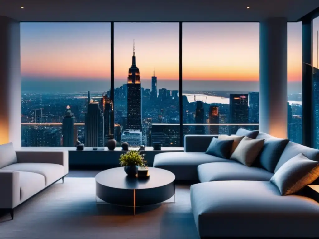 Salón moderno de lujo con vistas a la ciudad al atardecer Un elegante salón moderno con vista a la ciudad al atardecer