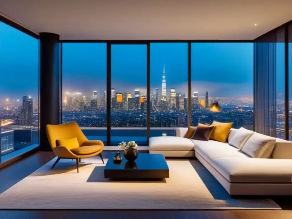 Salón lujoso con vista nocturna de ciudad Un elegante salón moderno con vistas a la ciudad de noche, iluminado de forma acogedora