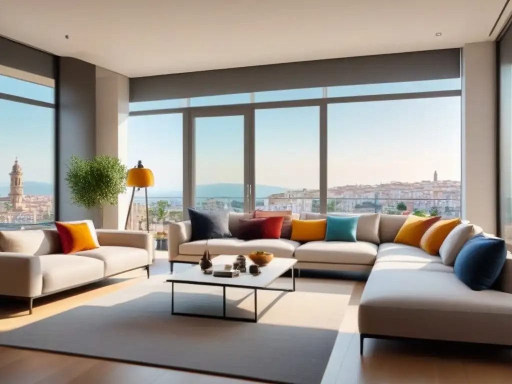 Espacioso y elegante salón en apartamento moderno en España Un elegante salón en España, con muebles modernos y ventanales con vista urbana