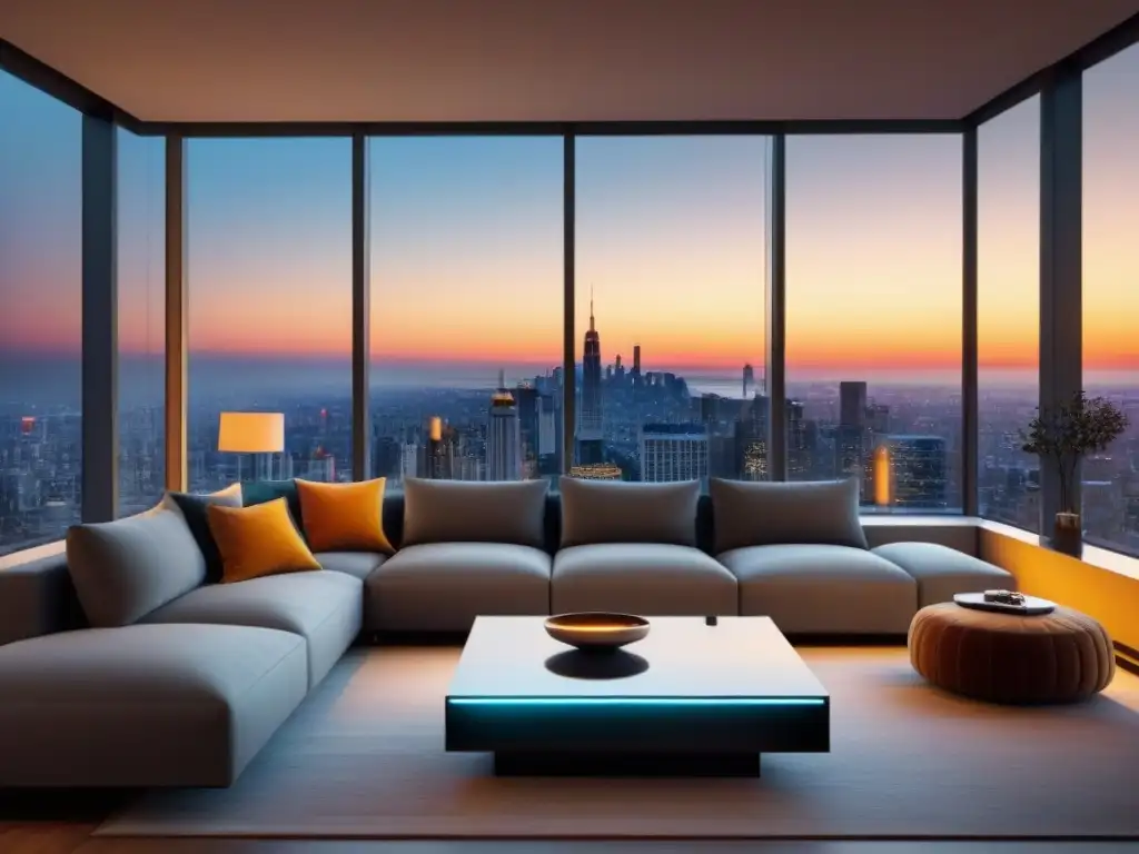 Sala de estar moderna con vista a la ciudad al atardecer Un elegante salón con vista a la ciudad al atardecer, amueblado con un sofá gris y una mesa de café de vidrio