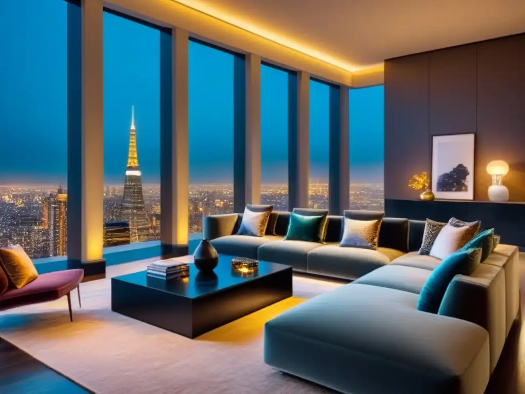 Elegante salón de penthouse con vistas a la ciudad de noche