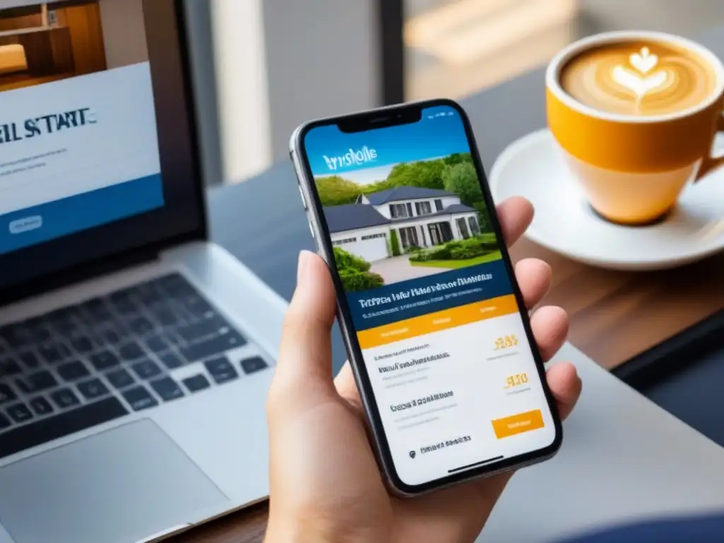 Diseño web inmobiliario móvil de lujo Un elegante teléfono móvil muestra un sitio web inmobiliario en una imagen de alta resolución