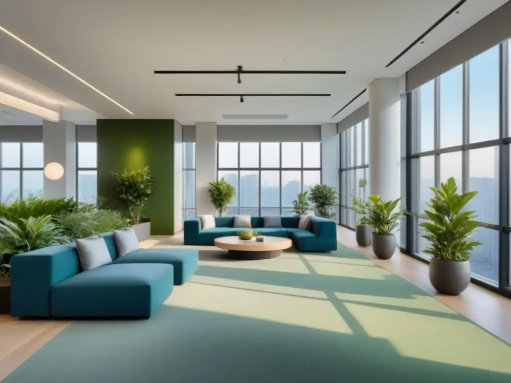Oficina moderna y saludable en edificio de altura Un elegante vestíbulo de oficina con diseño moderno y certificaciones WELL para inmobiliarias, lleno de plantas y luz natural