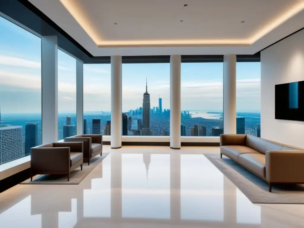 Oficina de inversión inmobiliaria de lujo y moderna Elegante vestíbulo de oficina de firma de inversiones inmobiliarias, con suelos de mármol, arte contemporáneo y muebles de diseño