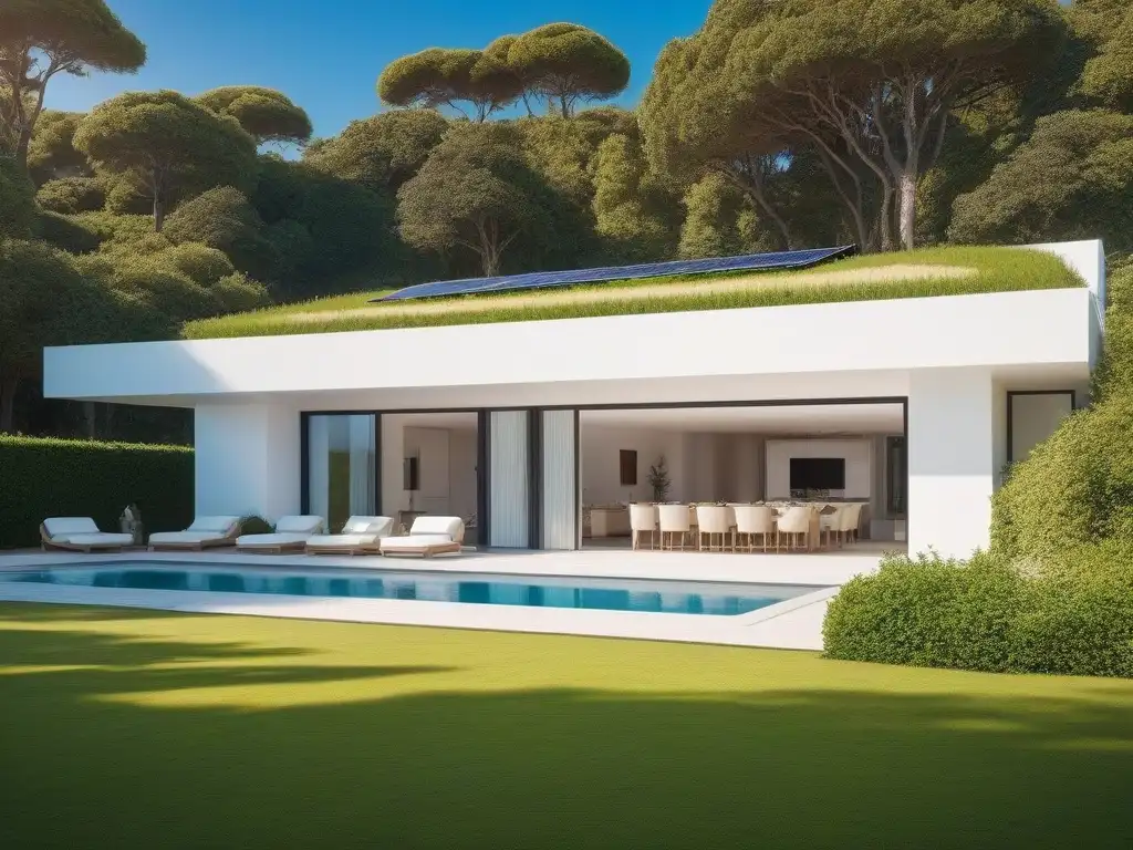 Villa española moderna con paneles solares en un entorno verde Una elegante villa española con paneles solares en el techo, rodeada de exuberante vegetación bajo un cielo azul