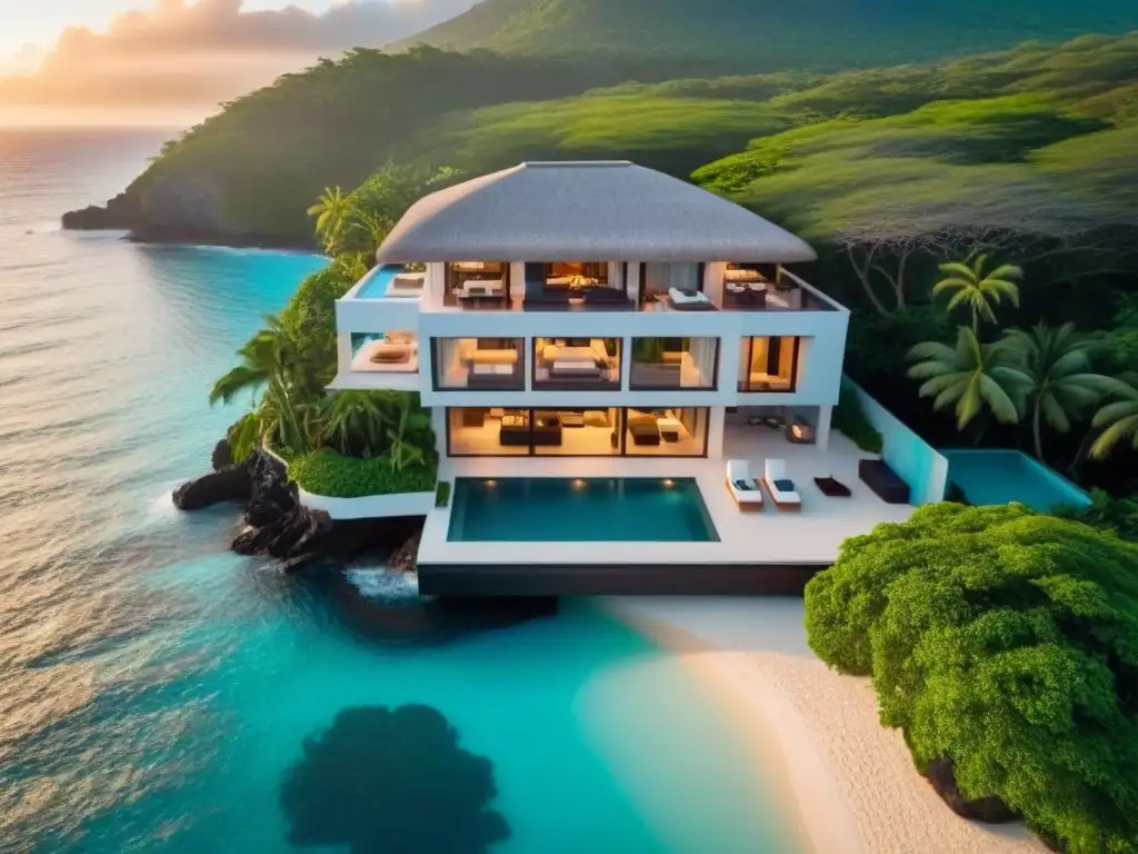 Villa de lujo en el Caribe: atardecer en paraíso Elegante villa de lujo frente a la playa al atardecer en el Caribe, ideal para propiedades de alta gama Sudamérica