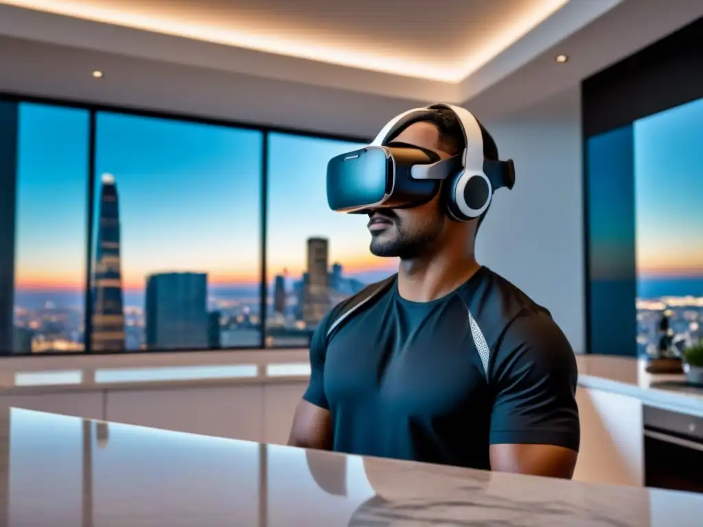 Realidad virtual futurista en lujoso ambiente urbano Un elegante visor de realidad virtual en un lujoso mostrador de mármol, iluminado por una suave luz ambiental