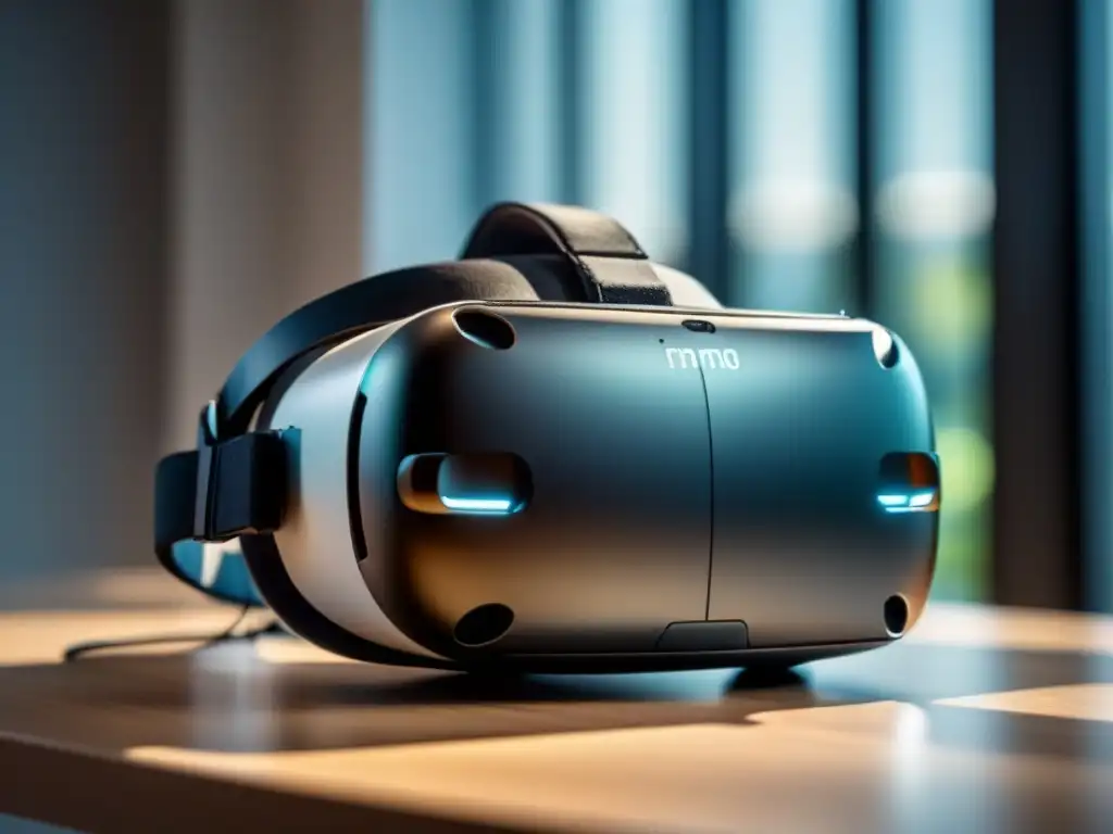 Headset de Realidad Virtual: Tecnología Vanguardista en Escena Un elegante visor de realidad virtual en un escritorio blanco minimalista, iluminado por luz natural