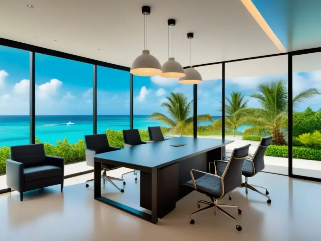 Oficina inmobiliaria de lujo en el Caribe: profesionalismo y sofisticación Elegantes agentes inmobiliarios en un moderno despacho del Caribe