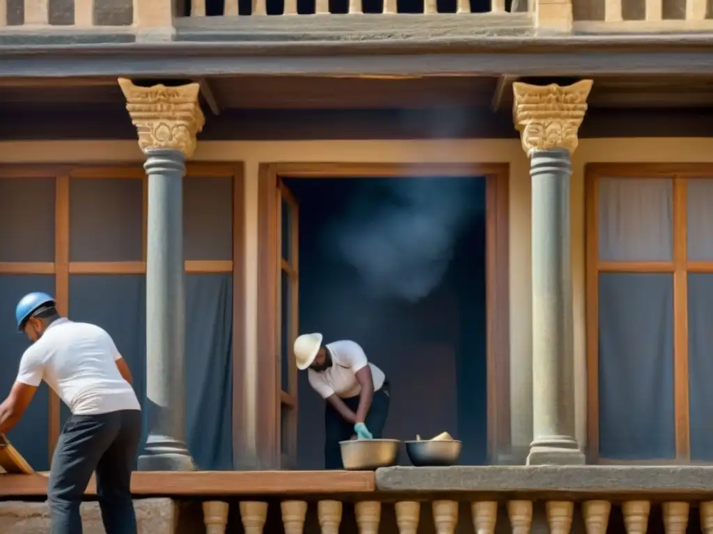 Restauración comunitaria: preservando la historia con técnicas modernas Una emocionante escena de restauración de un edificio histórico por arquitectos, historiadores y voluntarios