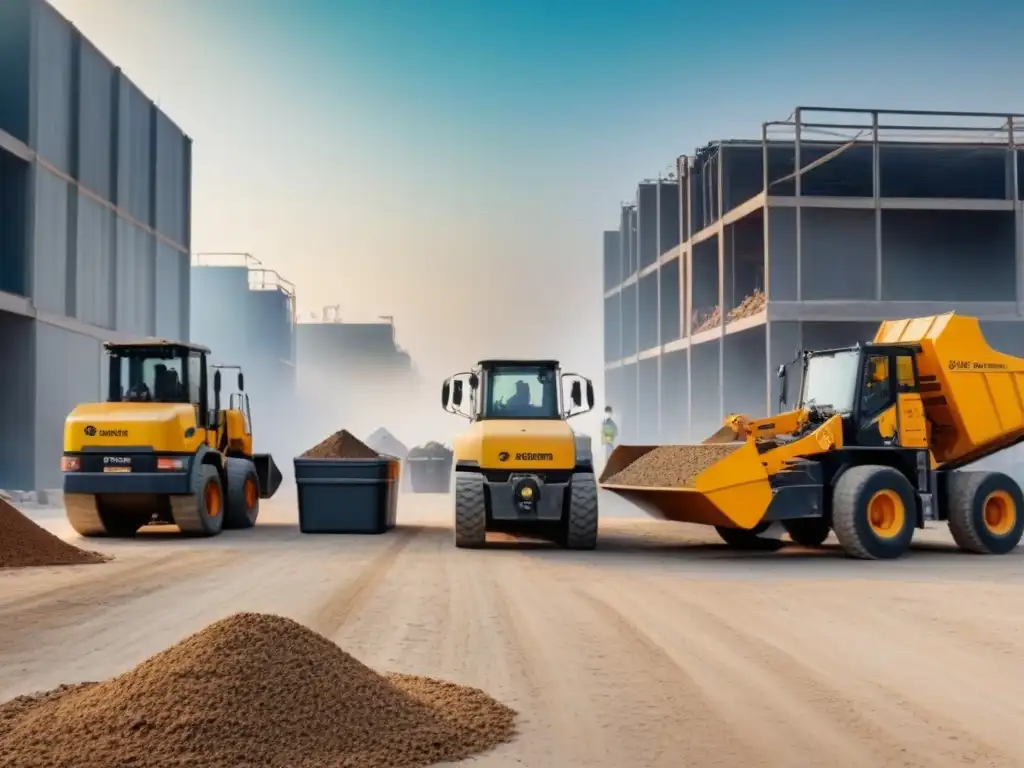 Construcción sostenible: reciclaje en obra con equipos de seguridad Un emocionante escenario de construcción sostenible donde los trabajadores reciclan materiales