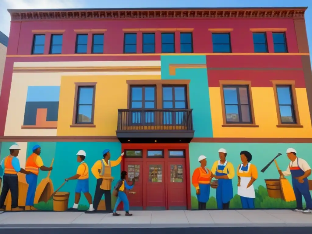 Murales comunitarios: restauración colaborativa Emotivo mural comunitario sobre conservación del patrimonio inmobiliario con diversidad de edades y tareas