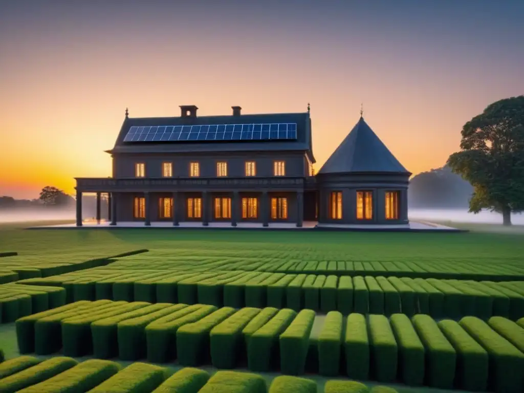 Arquitectura histórica renovada con tecnología ecoeficiente Restauración con energía: edificio histórico con diseño moderno y tecnologías sostenibles al atardecer