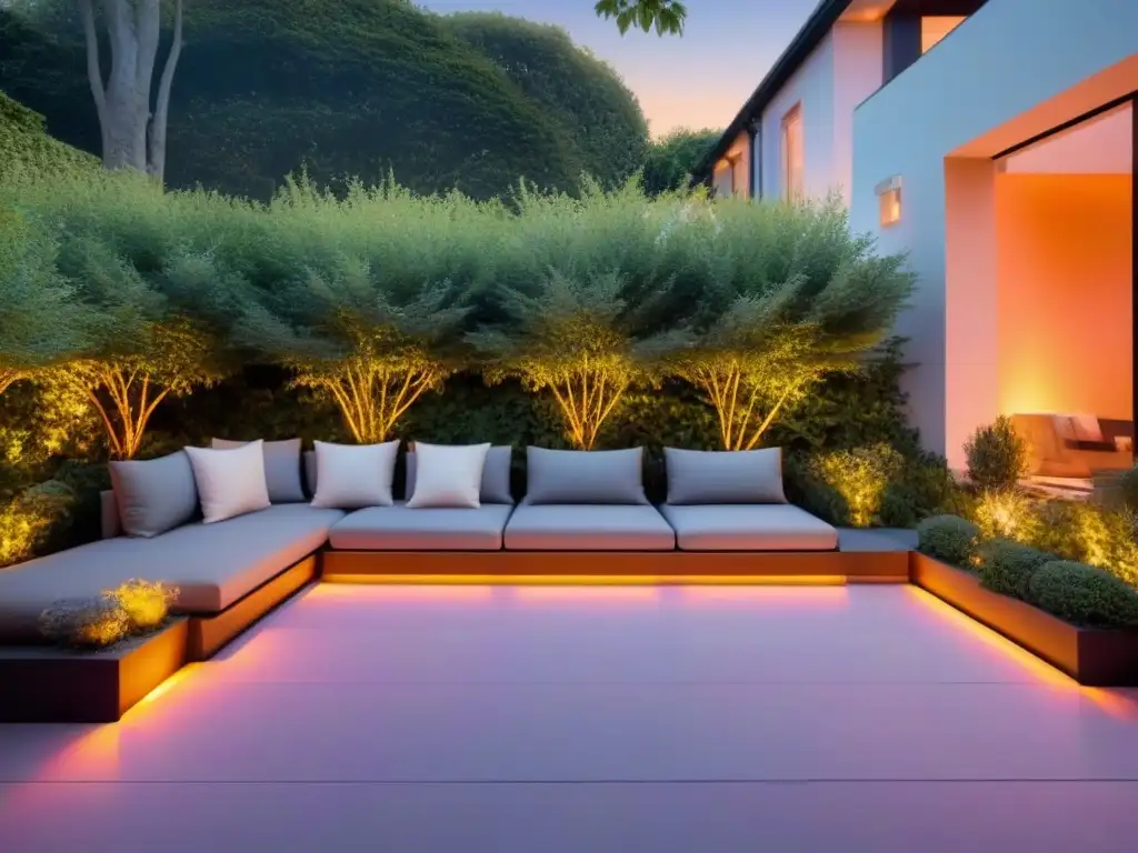 Patio contemporáneo iluminado al atardecer, ambiente mágico Un entorno exterior sereno al anochecer con iluminación exterior, creando ambientes mágicos en un patio contemporáneo y un jardín exuberante al fondo