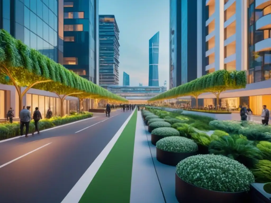Desarrollo mixto futurista: un vibrante escenario urbano integrado Un entorno urbano futurista con rascacielos de vidrio, vegetación exuberante y tecnología integrada, reflejando la naturaleza multifuncional de los desarrollos mixtos centros comerciales multifuncionales