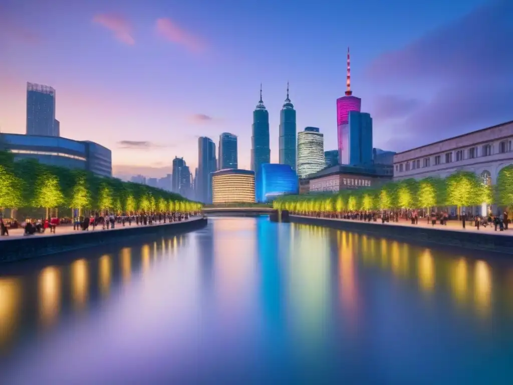 Armonía urbana: parque en la ciudad moderna al atardecer Un entorno urbano vibrante al atardecer, con rascacielos iluminados y un parque urbano lleno de diversidad