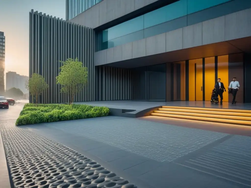 Entrada accesible: rampa y diversidad en edificio moderno en CDMX Entrada accesible para personas con discapacidad en Ciudad de México, cumple con requisitos accesibilidad inmuebles México