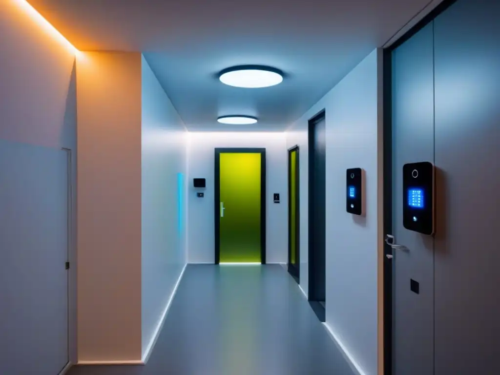 Sistema de seguridad digital futurista para coliving Entrada moderna de coliving con sistema de seguridad digital avanzado, simbolizando prácticas seguridad privacidad coliving
