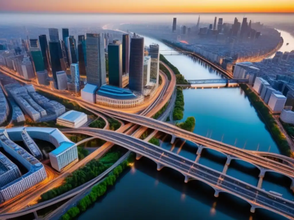 Red de puentes y túneles: conectividad urbana impresionante Un entramado de puentes y túneles en inmobiliaria conectando una ciudad moderna y vibrante