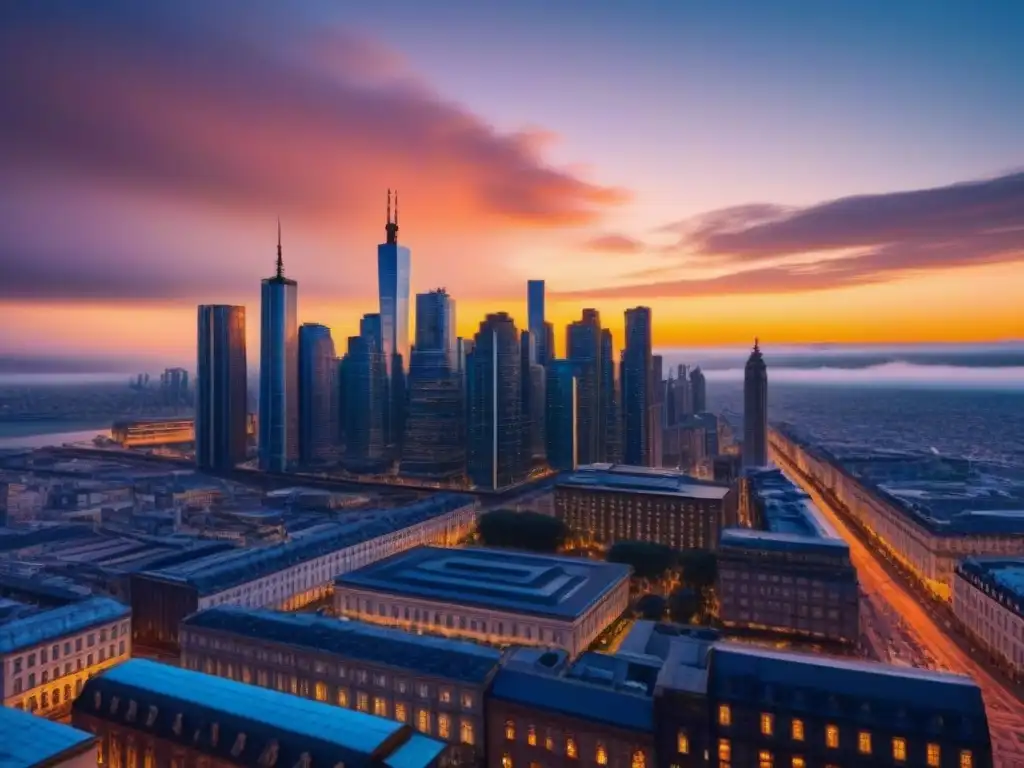 Contraste urbano: fusión de modernidad y tradición al atardecer Un equilibrio entre la innovación y la cultura regional enriquece el urbanismo de la ciudad al atardecer