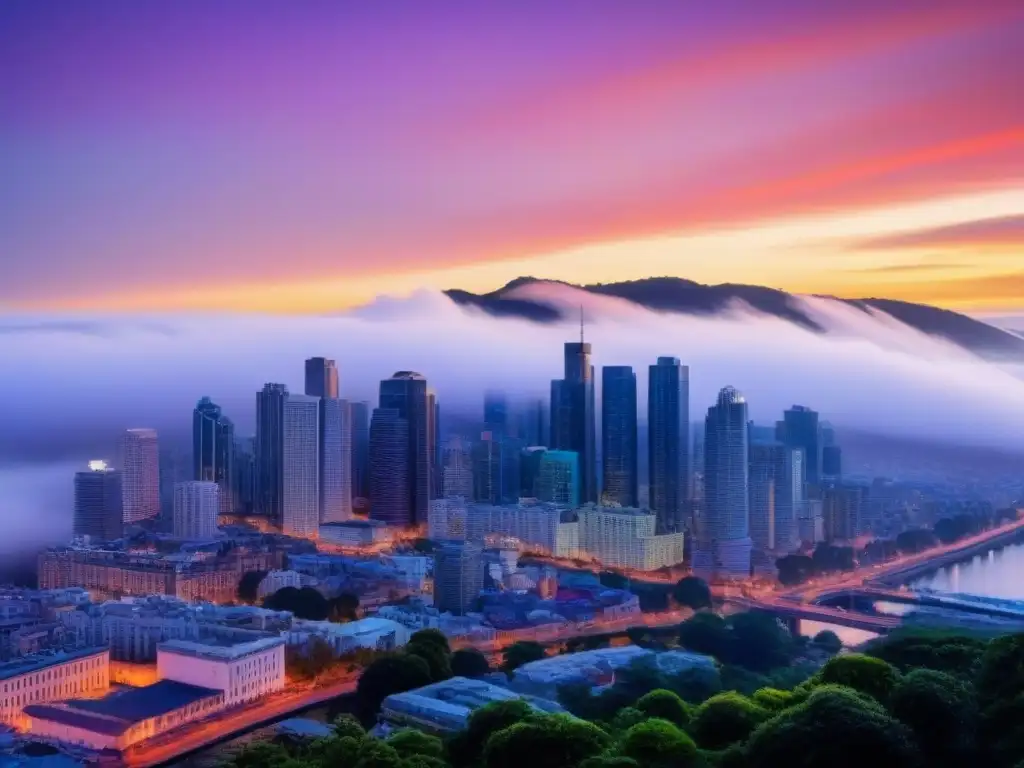 Horizonte urbano al atardecer: fusión entre pasado y futuro Un equilibrio delicado: Desarrollo urbano y patrimonio cultural se funden en un vibrante paisaje urbano al atardecer