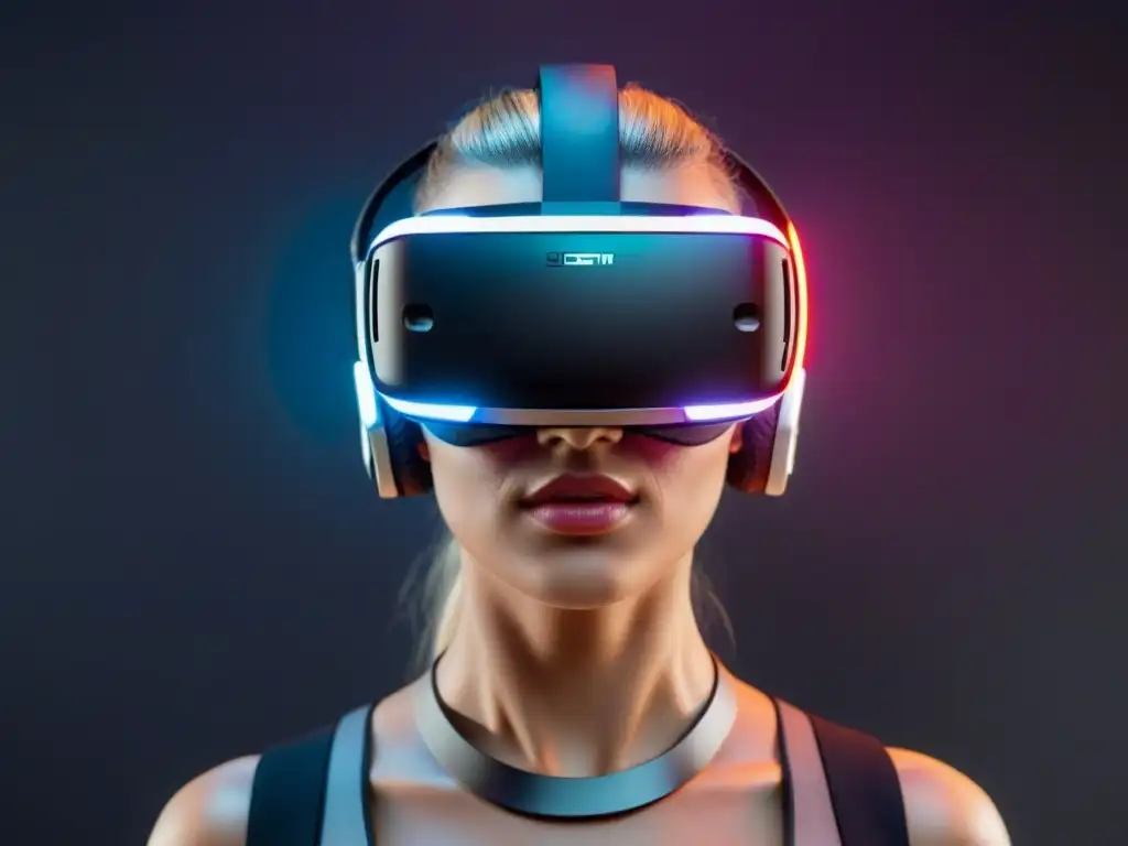 Auriculares de realidad virtual futuristas y personalizables en base negra Equipamiento para crear tour virtual: Auriculares de realidad virtual futuristas con luces LED y visor reflectante, sobre elegante soporte negro