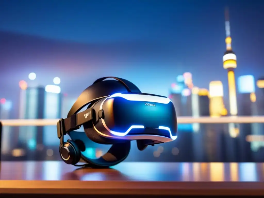 Realidad virtual y tecnología 360º en ciudad futurista Equipamiento para crear tour virtual: Auriculares de realidad virtual en un escritorio futurista con cámara 360°, vista panorámica de la ciudad