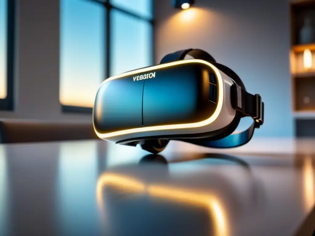 Headset de realidad virtual: tecnología avanzada en primer plano Equipamiento para crear tour virtual: Headset de realidad virtual moderno iluminado en mesa blanca