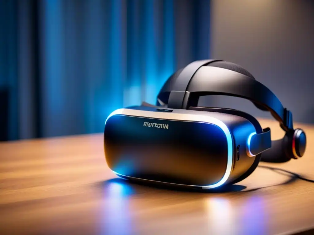 Innovador headset de realidad virtual en mesa futurista Equipamiento para crear tour virtual: Un visor de realidad virtual de alta tecnología iluminado en un escritorio futurista