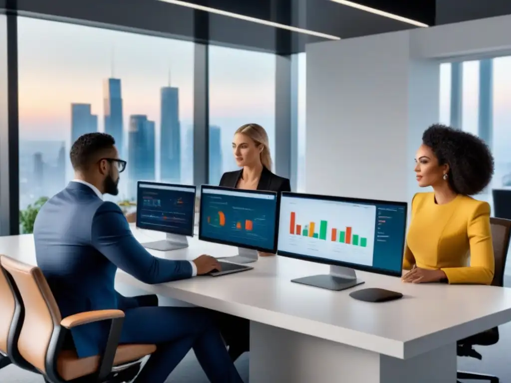 Equipo de agentes inmobiliarios innovadores en oficina moderna Equipo de agentes inmobiliarios colaborando en una oficina moderna, usando herramientas de valoración de propiedades en tiempo real