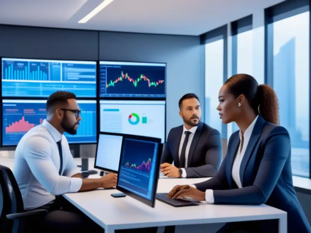 Equipo de agentes de seguros analizando datos en oficina ultramoderna Equipo de agentes de seguros reduciendo costos en oficina moderna