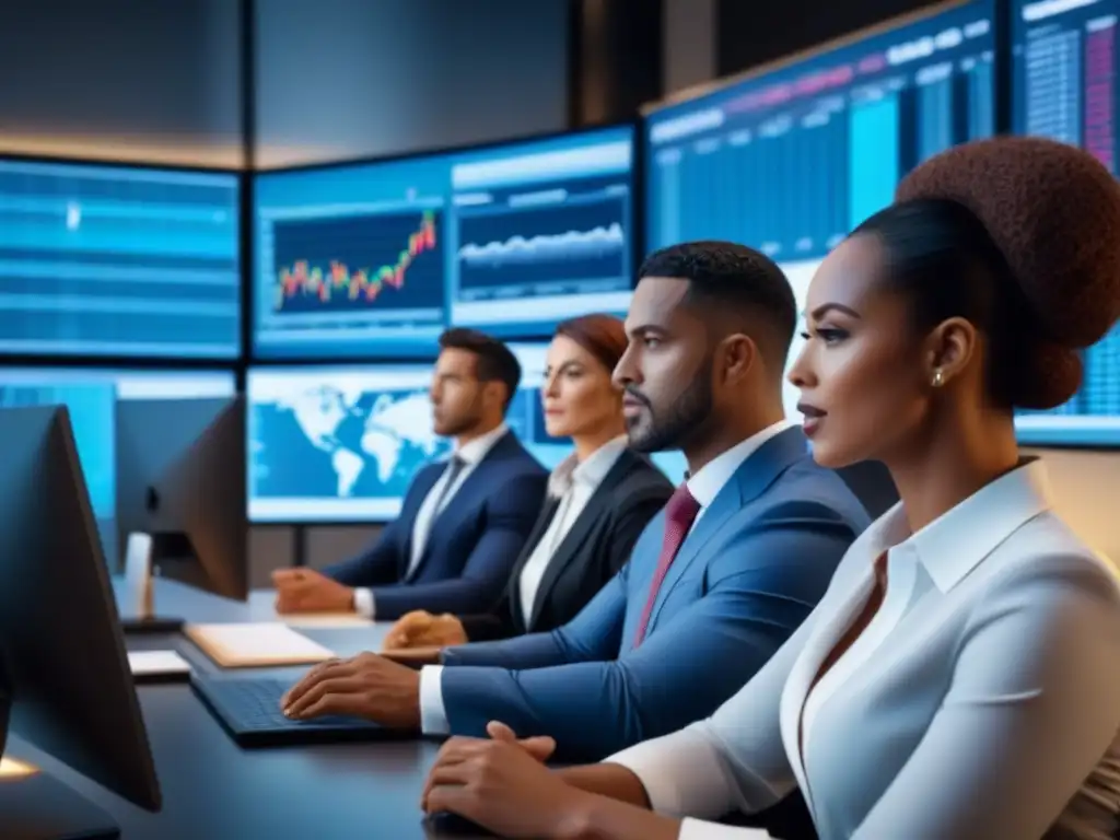 Equipo diverso de analistas financieros en oficina moderna, analizando datos de mercado en tiempo real Equipo de analistas financieros estudian gráficos en una oficina moderna, rodeados de pantallas con datos de mercado en tiempo real