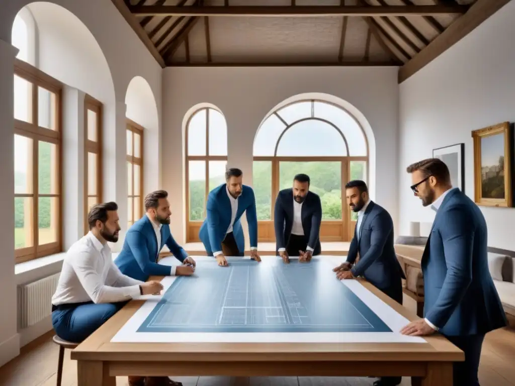 Restauración histórica con arquitectos y diseñadores expertos Un equipo de arquitectos y diseñadores restaura una propiedad histórica con tecnología avanzada y planos arquitectónicos
