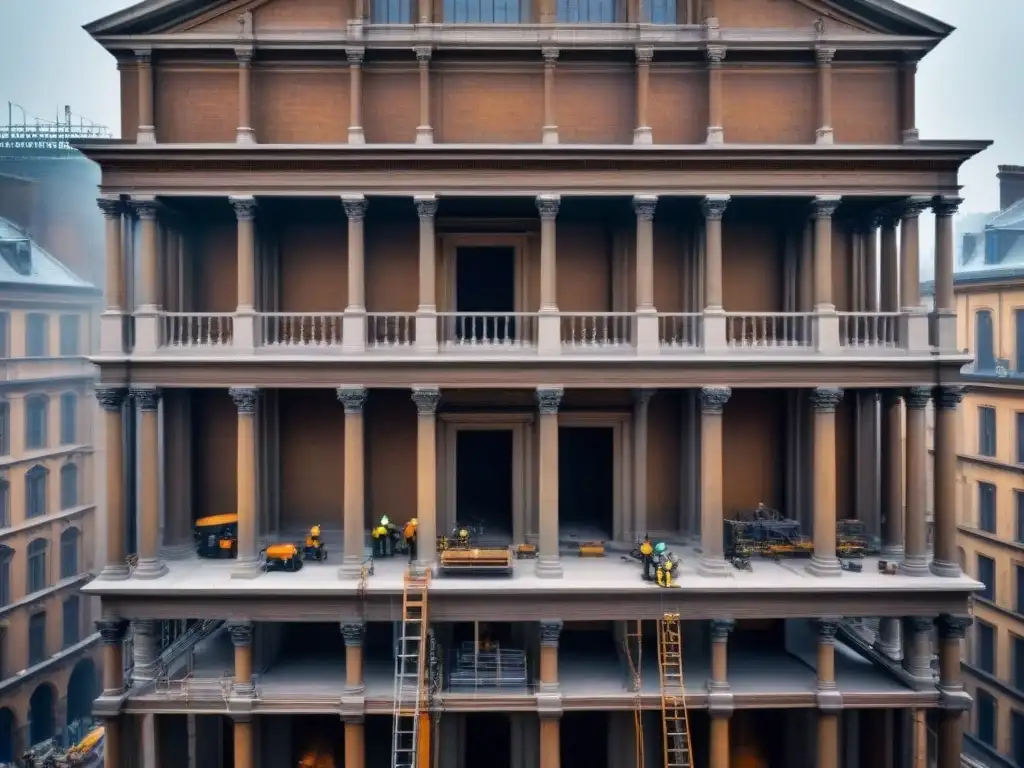 Restauración monumental: artesanía y tecnología Un equipo de arquitectos y especialistas en restauración trabajan meticulosamente en un monumento histórico, rodeados de tecnología avanzada