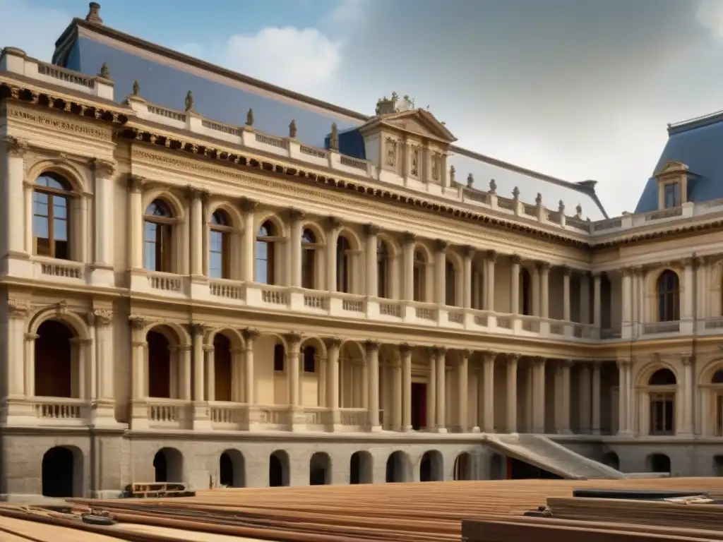 Restauración experta de edificio histórico: tradición y tecnología Un equipo de arquitectos y expertos en restauración trabajan con meticulosidad en la restauración de un majestuoso edificio histórico