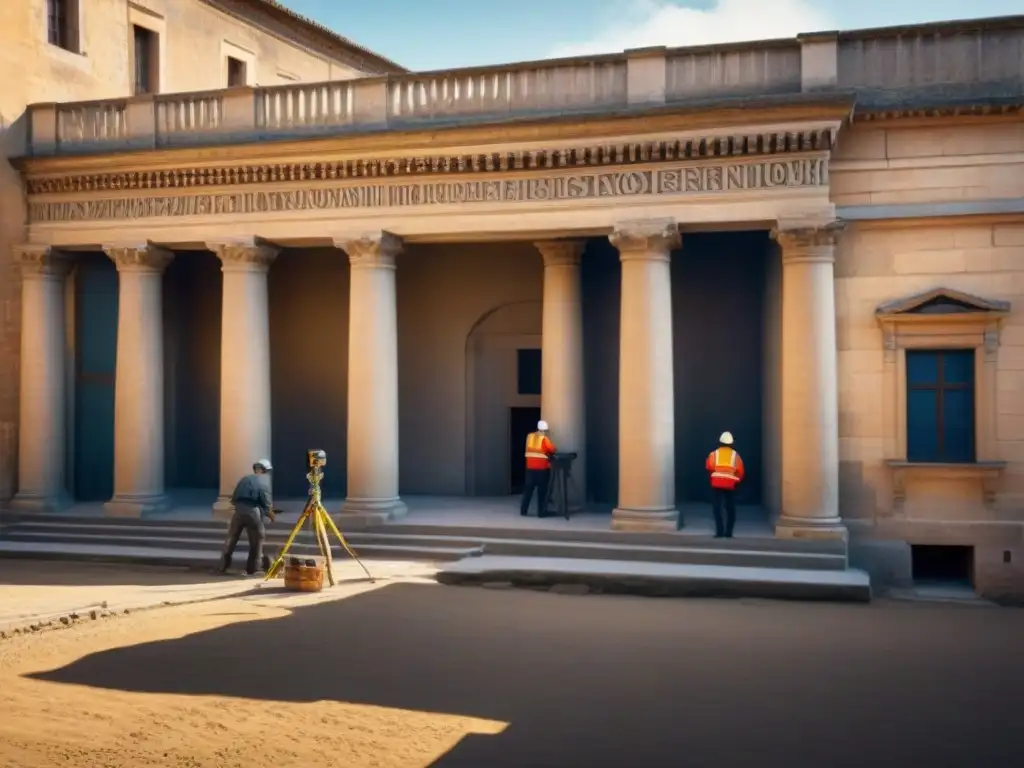 Restauración experta de edificio histórico: tradición e innovación Equipo de arquitectos y historiadores restaurando con detalle un edificio centenario, fusionando tradición e innovación