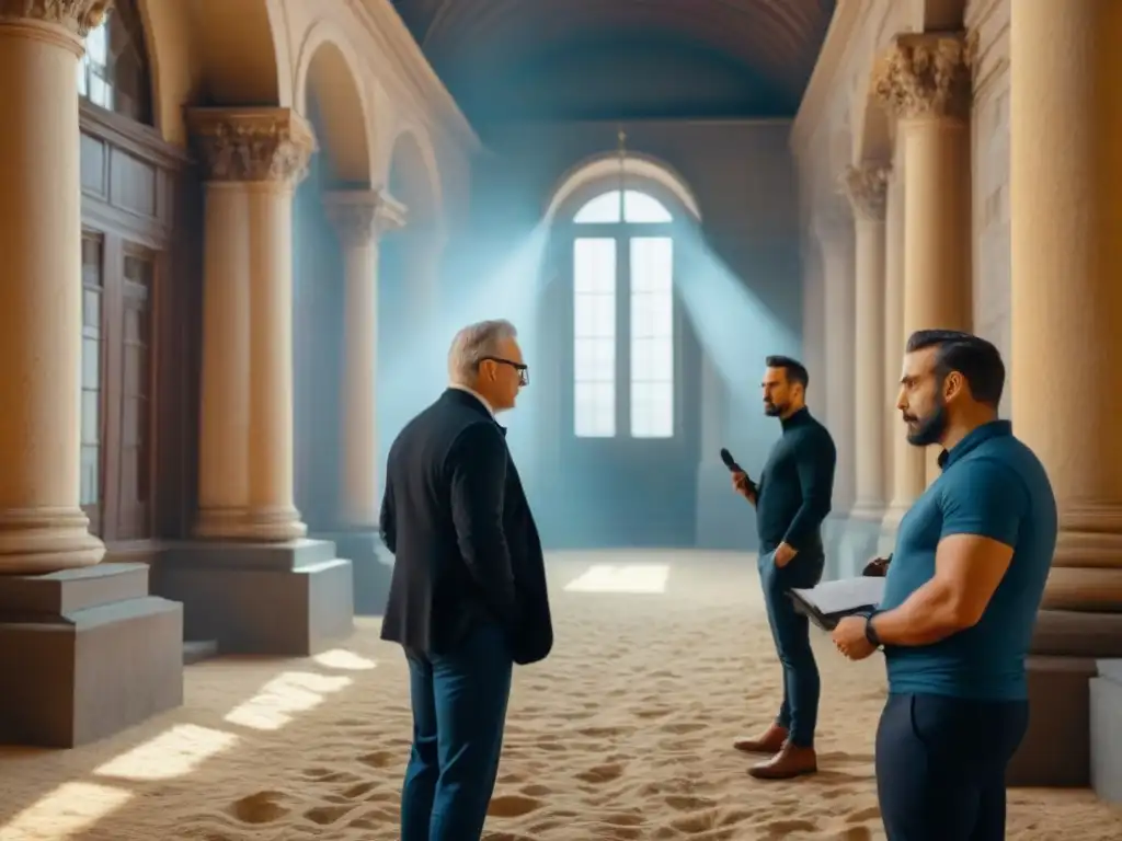 Equipo de arquitectos y historiadores restaurando un edificio histórico, combinando tecnología moderna y herramientas tradicionales