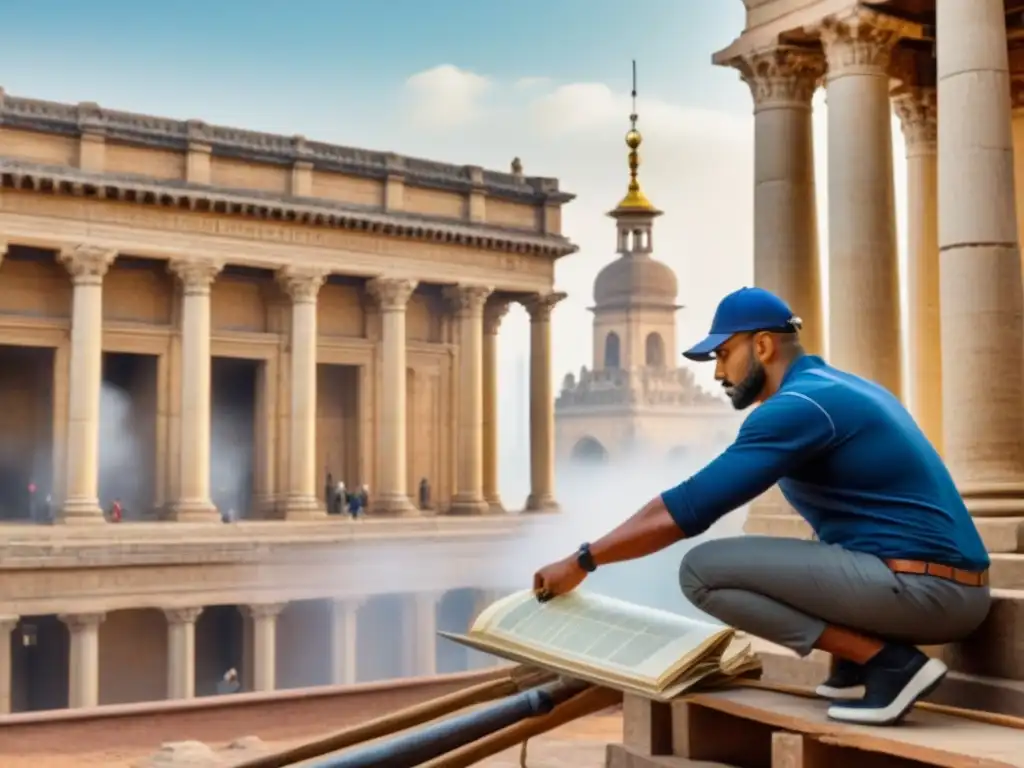 Restauración experta de edificio histórico con arquitectos y historiadores Equipo de arquitectos y historiadores restaurando un edificio histórico con herramientas especializadas y fondo de ciudad vibrante