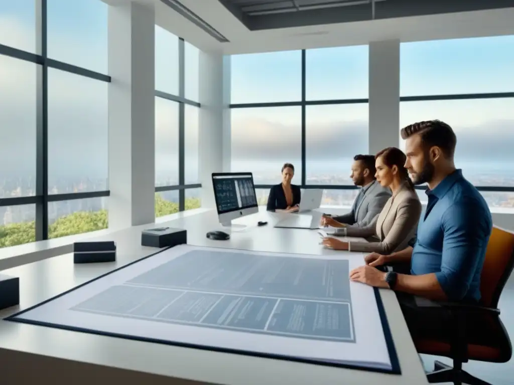 Equipo de arquitectos e historiadores analizando planos en oficina moderna con vista a propiedad histórica Un equipo de arquitectos e historiadores analizando planos y documentos históricos en una oficina moderna con vistas a una propiedad histórica