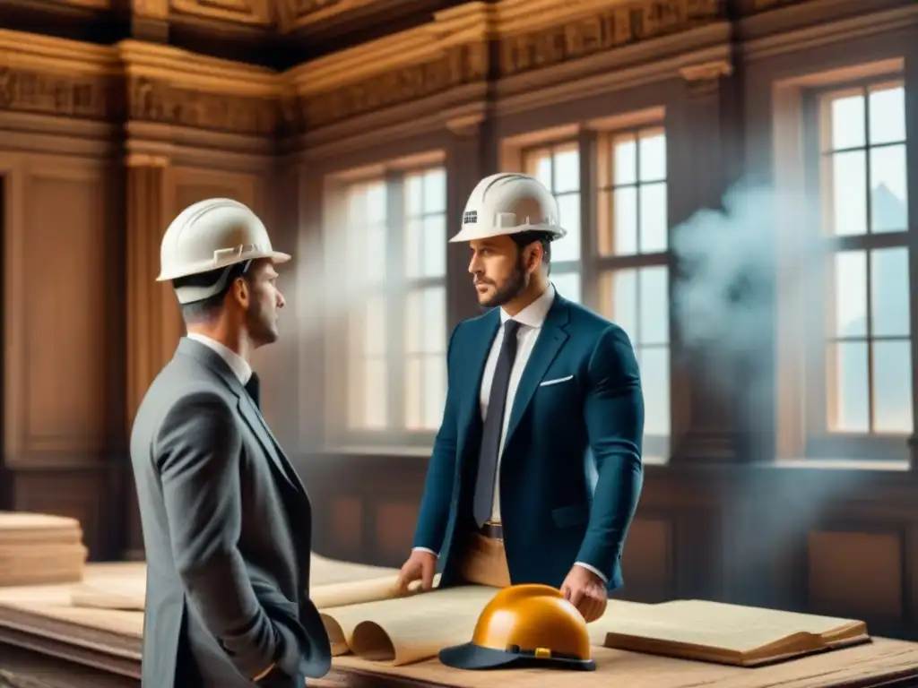 Restauración histórica: arquitectos y historiadores preservan con precisión Equipo de arquitectos y historiadores restaurando una propiedad histórica, cumpliendo estrictas normativas legales