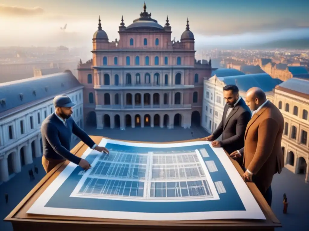 Restauración de edificio histórico: tradición e innovación Equipo de arquitectos y historiadores colaborando en la restauración de un edificio histórico, fusionando tradición e innovación en el contexto urbano