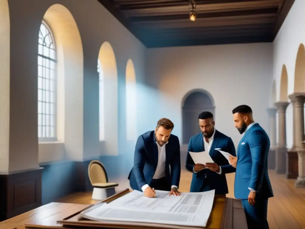 Equipo de arquitectos y historiadores reunidos frente a un edificio histórico restaurado, discutiendo planes de restauración
