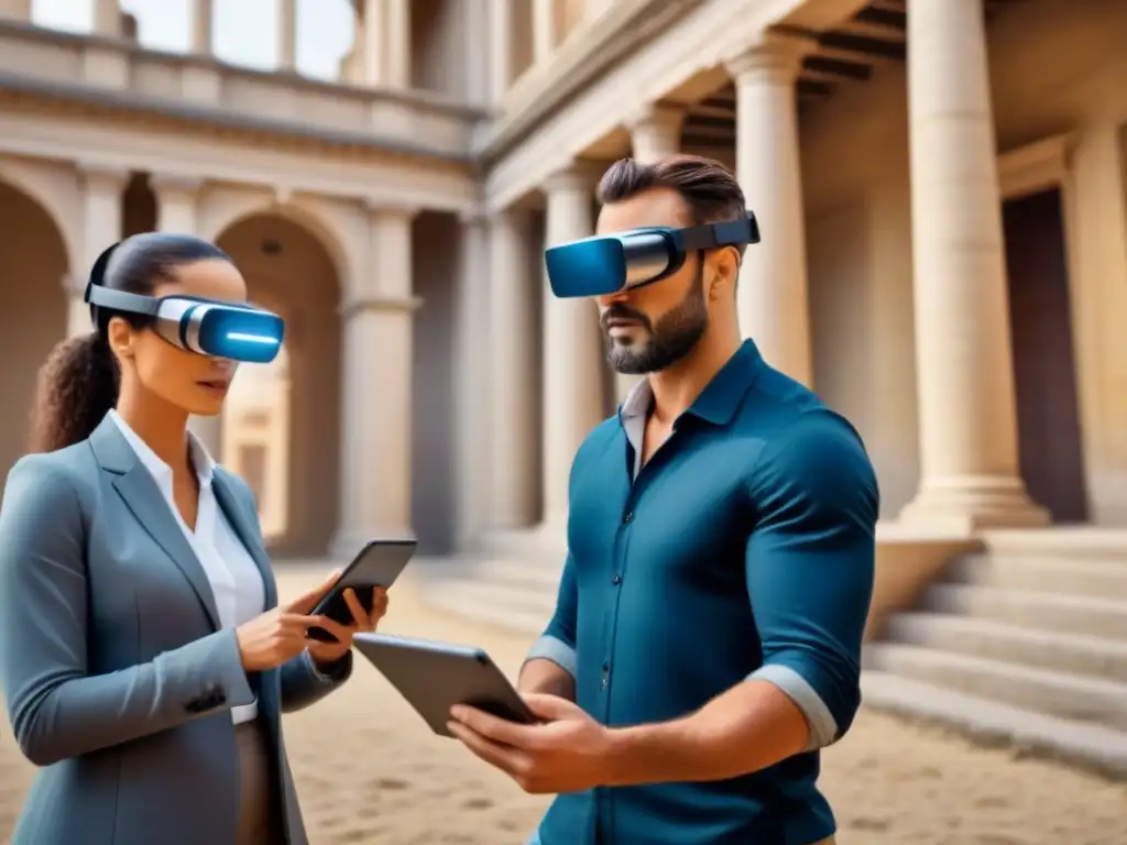 Equipo de arquitectos e historiadores usando tecnología para restauración histórica