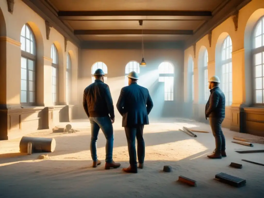 Equipo de expertos analiza daños en edificio histórico Equipo de arquitectos e ingenieros inspeccionando daños en edificio patrimonial con precisión y determinación